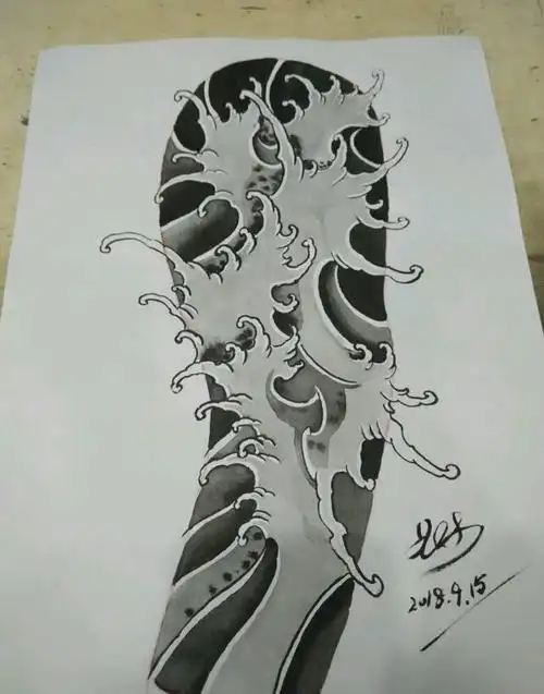 水浪花臂手稿3纹身图片_传统原创手稿纹身图案