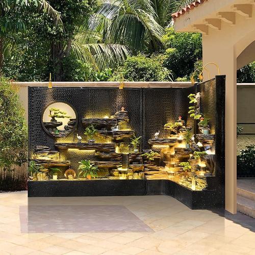 水幕墙假山流水户外庭院鱼池风水墙景观室内酒店大堂落地摆件