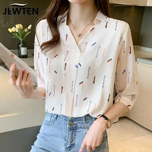 夏季女士雪纺衬衫女装夏装2022年新款短袖上衣时尚七分袖碎花衬衣