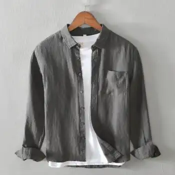 纯亚麻长袖方领衬衫男简约舒适透气休闲外套男百搭潮款男装上衣宽松