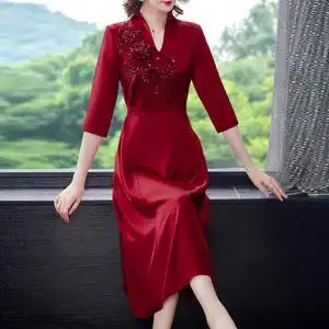 喜妈妈婚宴礼服夏装年轻大码2021新款婆婆女方高端旗袍红色连衣裙