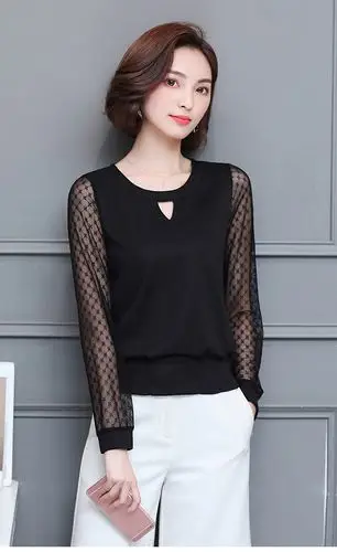 女装/女士精品 蕾丝衫/雪纺衫 韩美格2019春秋新款黑色大码网纱打底衫
