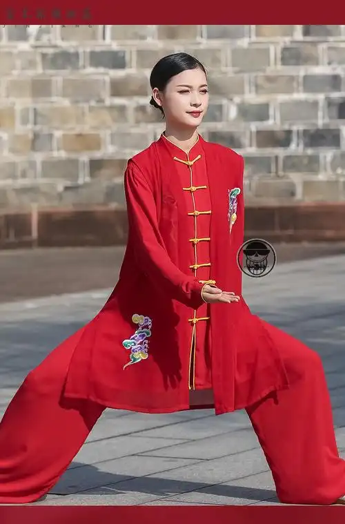 开学礼物太极服大红色绣花女太拳表演比赛演出服装飘逸中长款大红色