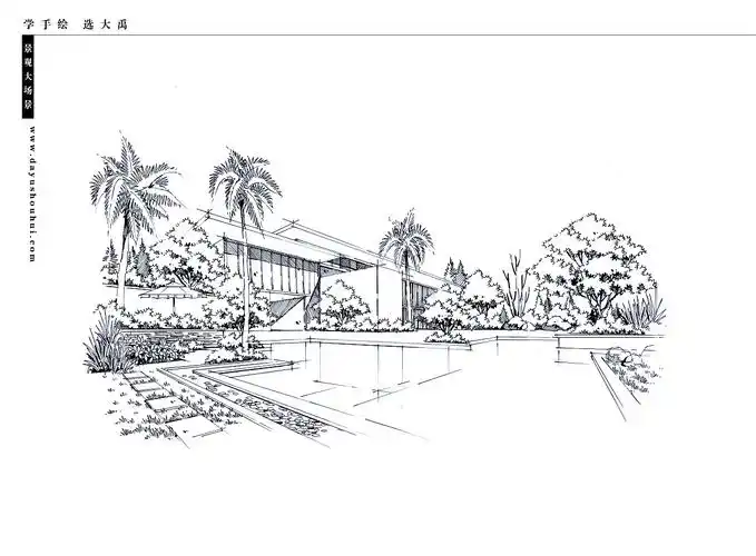 分享一组黑白线稿景观手绘场景简约大气