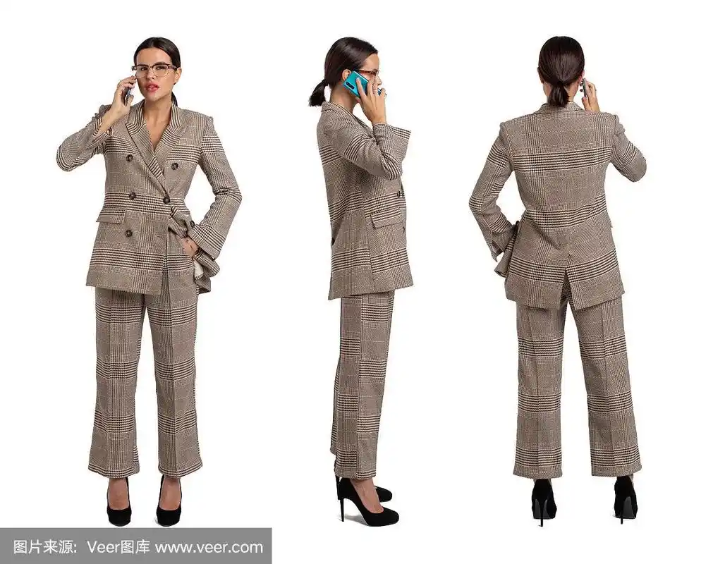 女商人在灰色格子西服呼唤正面,侧面,背面的观点,孤立的白色