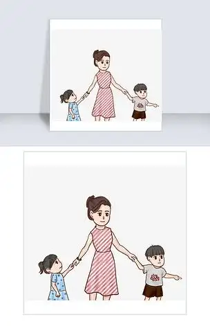 母亲牵着两个孩子手可爱插画
