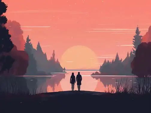 情侣站在一起看风景唯美浪漫情人节爱情双人手绘插画温馨氛围感场景