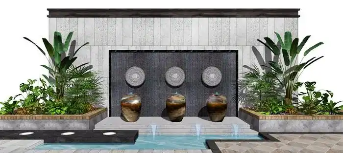 新中式景墙景观小品跌水景观水景景观植物su模型原创