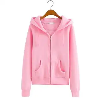 女拉链开衫短款带帽加绒加厚运动休闲上衣春秋季连帽修身 粉色(加绒)
