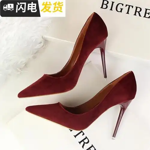秋冬酒红色高跟鞋绒面中跟单鞋女ol黑色尖头高跟鞋丝绒细跟女鞋单启如