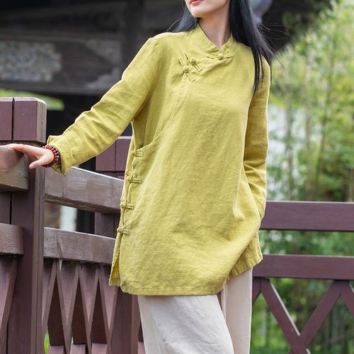 复古棉麻太极服女上衣 斜襟盘扣中长款太极拳练功服武术服外套