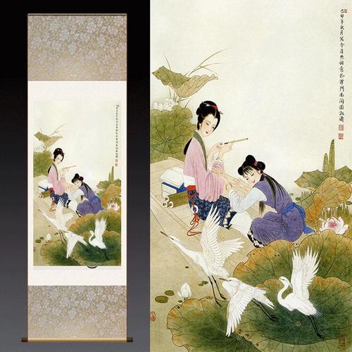 宋代仕女图李清照人物像风水卷轴仙鹤丝绸礼品画才情书画作品字画