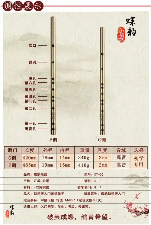 黄铜笛子蝶韵乐器初学加厚专业演奏横笛g调f调竹笛款铜笛子金属笛