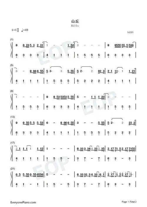 山丘-c调简单版双手简谱预览1