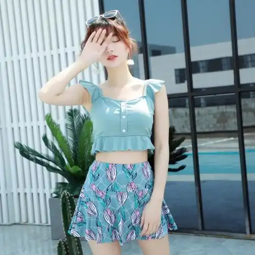 101新款韩版游泳衣女分体保守平角学生性感比基尼显瘦遮肚温泉泳