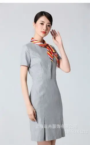 定制海航空姐连衣裙职业套装新款夏装灰色条纹航空工作服短袖丝巾