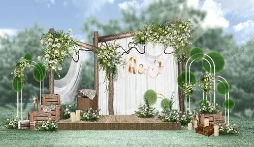户外草坪小清新婚礼舞台迎宾设计婚礼效果图