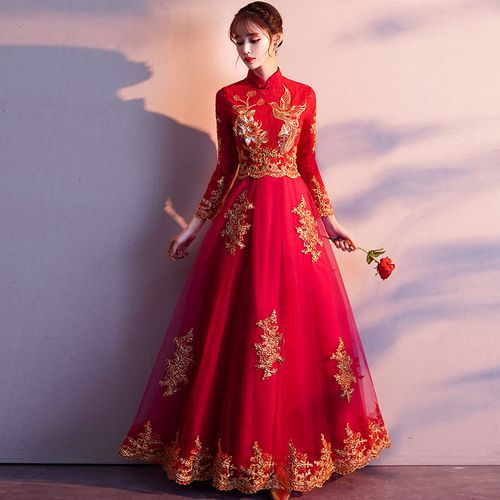 演出新娘敬酒服酒红色长袖新款春秋结婚礼服女亮片中国风长款长袖