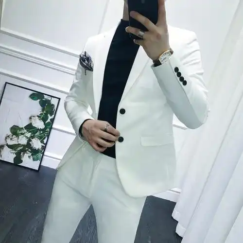 欧美风男士商务白色西服套装韩版修身发型师婚礼主持人西装两件套
