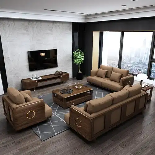 新中式中式实木沙发组合客厅胡桃木真皮沙发现代简约大小实木沙发