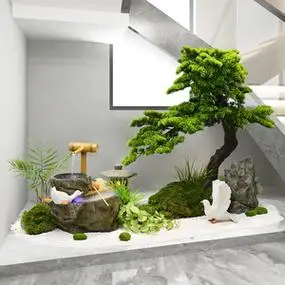 新中式室内景观造景竹子流水摆件循环水茶室庭院楼梯下方仿真绿植