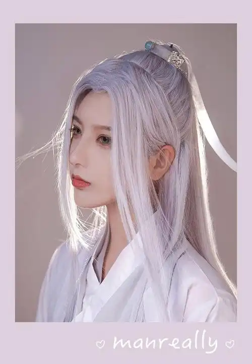 汉服假发长发白色古装古风cos男女万用直发中分刘海自然全头套式白色