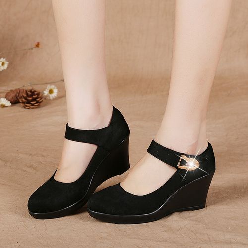 老北京布鞋女春秋黑色高跟坡跟女鞋职业通勤工作鞋防水台舒适单鞋