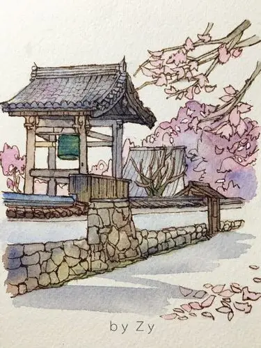 日本庭院-手绘风景画欣赏