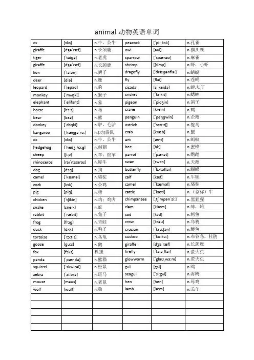 animal动物英语单词 x|[ks]|n.牛,公牛|peacck|[pi:kk]|n.