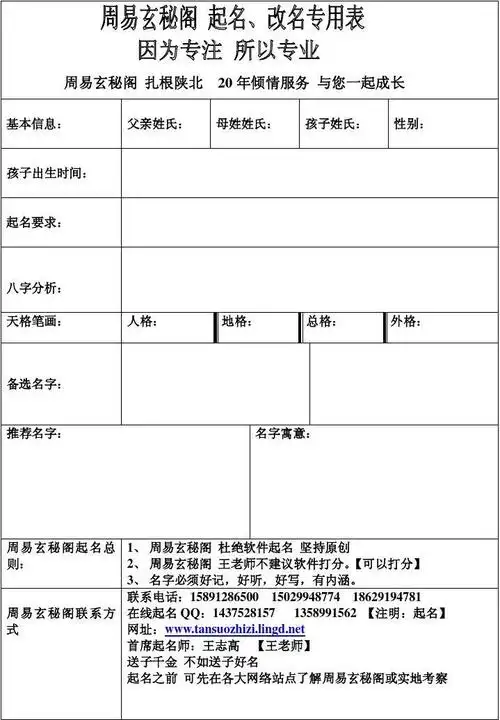 周易起名专用表格