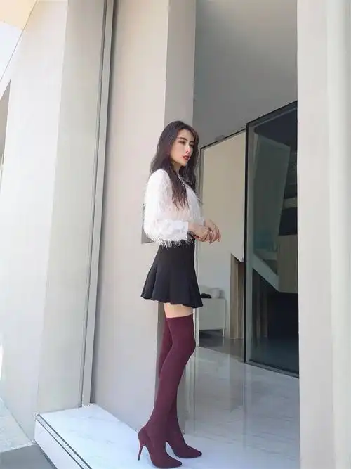 新款潮鞋过膝长靴女针织丝袜弹力长筒靴袜子靴黑色5cm细跟加绒加厚32