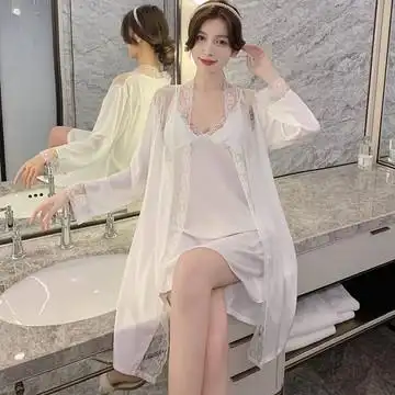 纯欲风唯美女神吊带睡裙冰丝带胸垫性感睡衣女夏睡袍两件套家居服