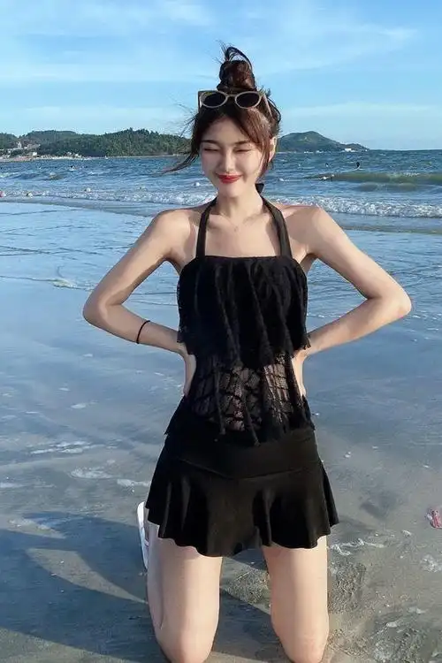 韩版学生游泳衣少女两件套显瘦保守高腰遮肚分体游泳衣女 清新泳装