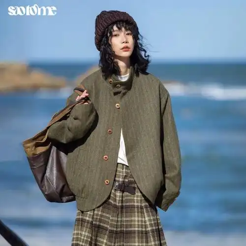 早乙女惠子saotome日系复古秋冬立领弧形门襟毛呢羊毛夹克外套