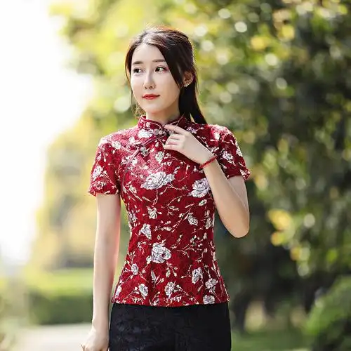 蕾丝短袖复古中式盘扣旗袍上衣 改良时尚短款民国风唐装女装汉服