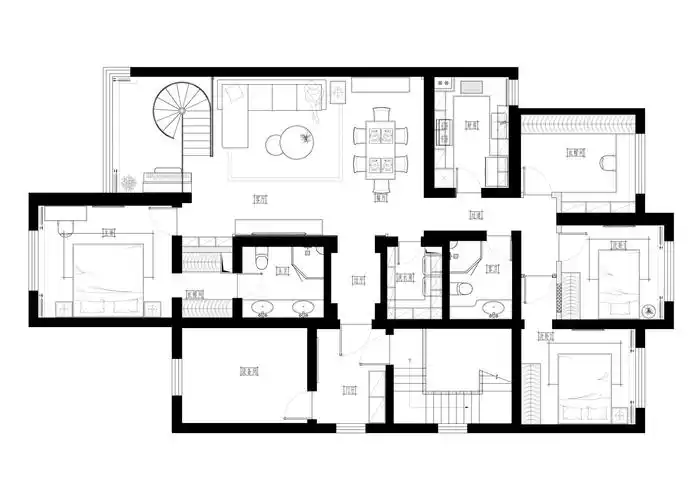 是顶楼复式,约为200平米,装修后为婚房使用,整个房子南北方向较长