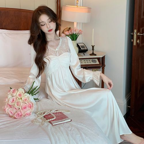 高级丝绸睡裙春秋长袖带胸法式性感睡衣蕾丝睡裙