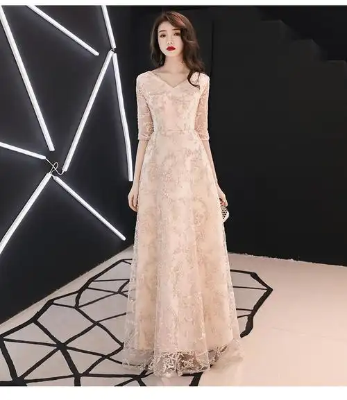 宴会晚礼服2020新款长款高贵气质主持人礼服连衣裙女长袖平时可穿