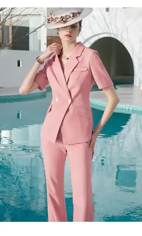ad感阔腿裤粉色职业装夏季经理工作服短袖西装套装通勤正装 西装 裤子
