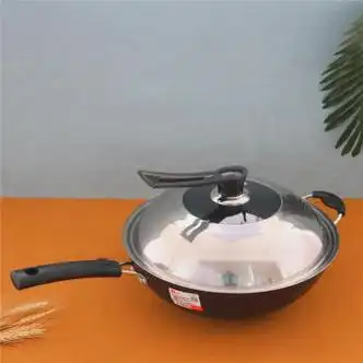 乾弘铁锅炒锅无涂层少烟不易粘家用电磁炉炒菜锅不生锈中康珍珠王34cm