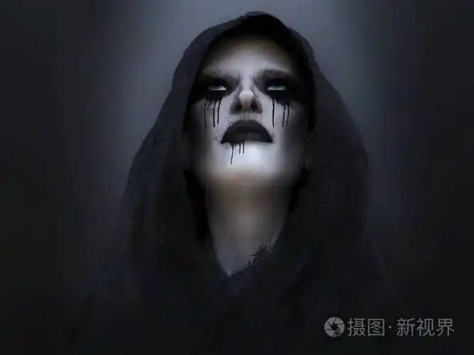 3d渲染一个女性死亡天使或恶魔戴着一个黑色的罩和仰望深色背景