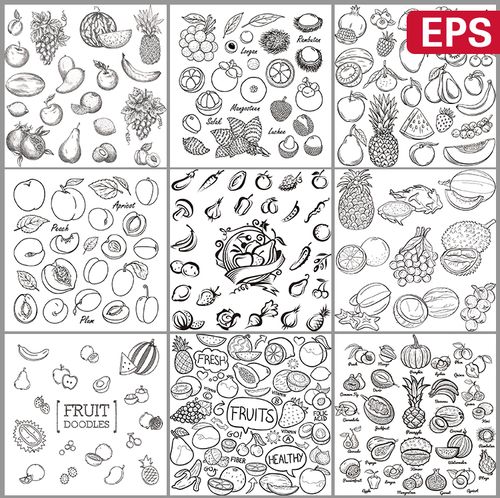 黑白线描有机水果苹果梨子香蕉葡萄柠檬ui图标eps矢量设计素材