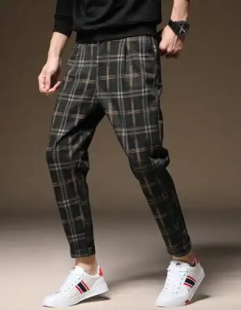 裤男休闲裤宽松小脚哈伦裤秋冬季毛呢裤男士韩版潮流英伦风 黄格子 m