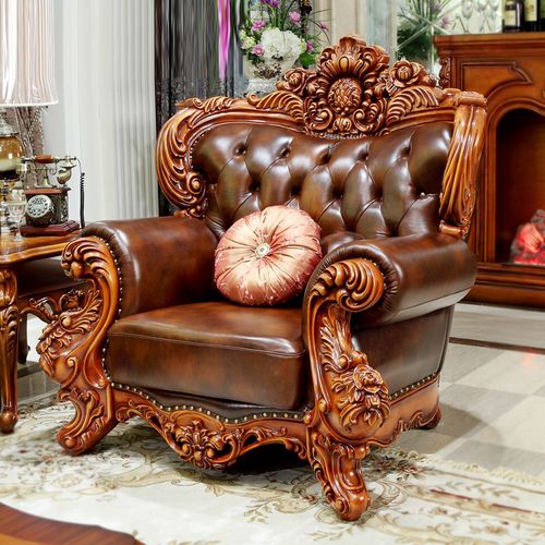 欧伦美沙发实木 欧式沙发组合沙发客厅美式沙发真皮123木沙发组合套装
