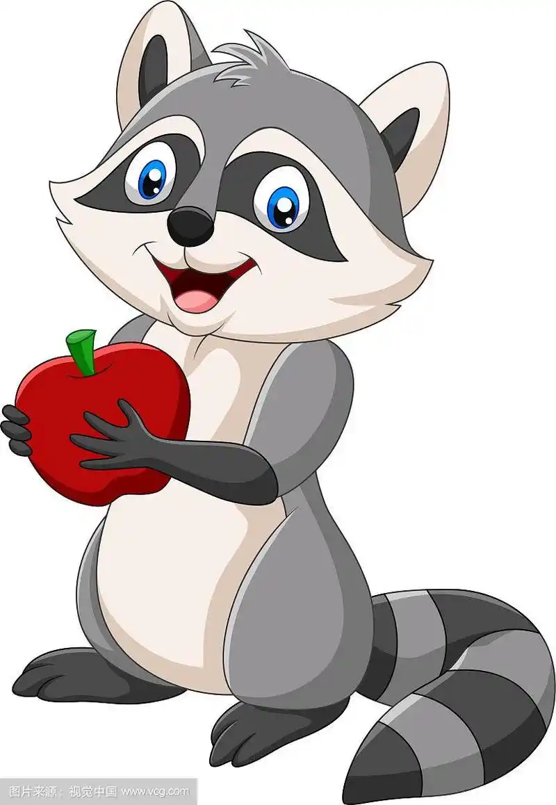 卡通浣熊拿着一个红苹果