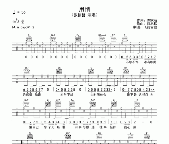 用情吉他谱 张信哲-用情g调弹唱谱-乐手网