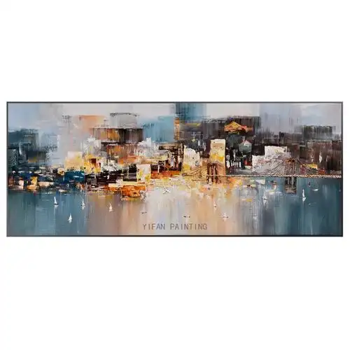 现代简约手绘抽象城市晶厚肌理油画客厅横幅极简油画