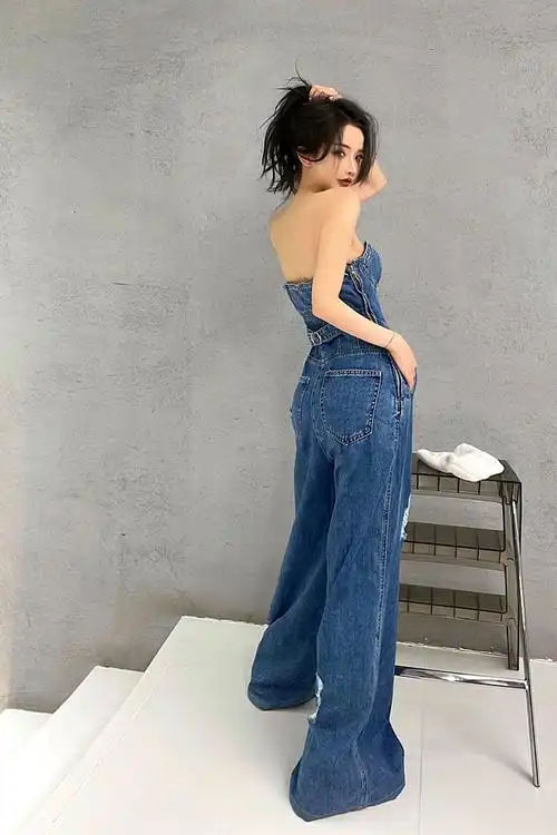 抹胸连体牛仔裤微胖辣妹性感女大码新款设计感高腰显瘦阔腿裤牛仔连体