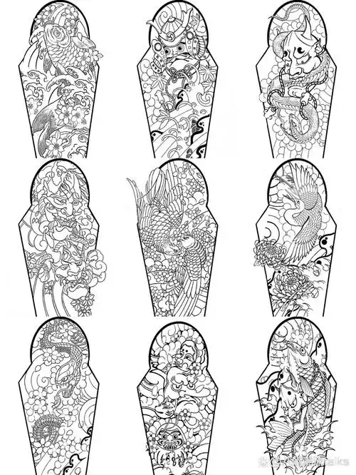 日式老传统花臂手稿图案线稿收藏 日式老传统纹身花臂