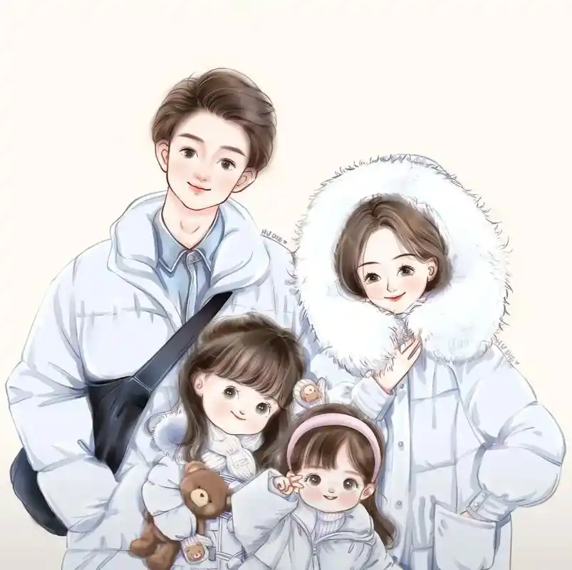 一家四口漫画图片两个女儿平板壁纸 - 抖音